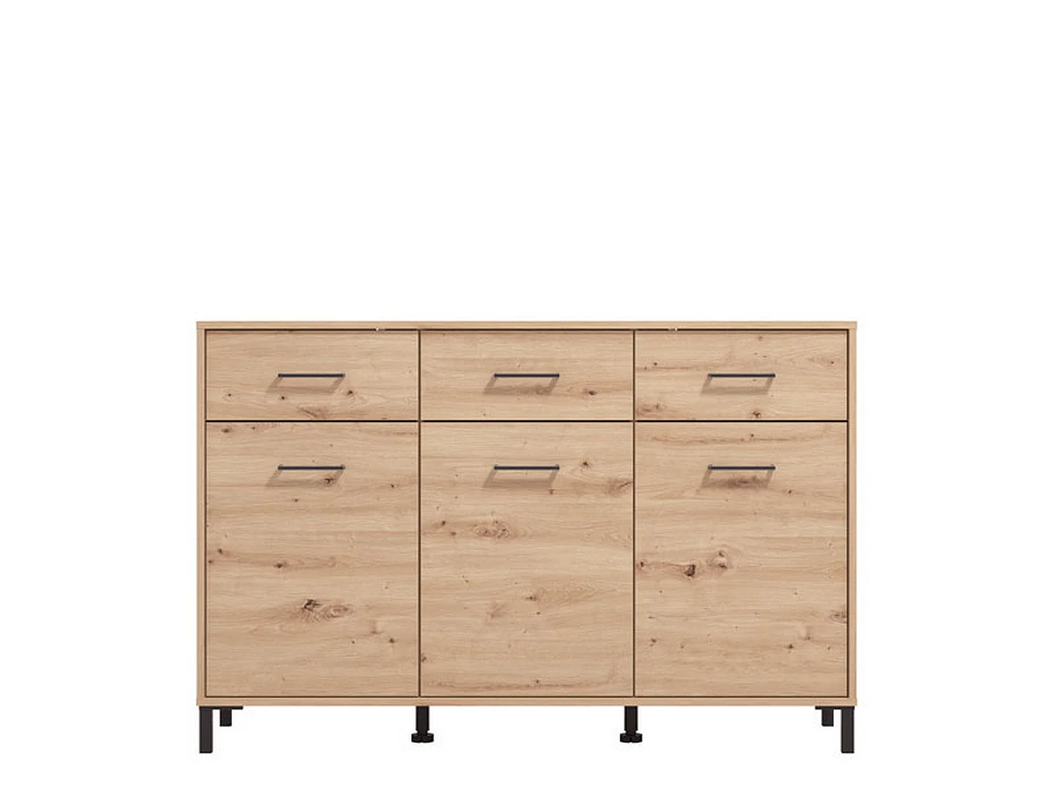 Kommode Laerru, 3 Schubladen, 138x40x90h cm, Eiche Nussbaum, Anrichte, 3 Böden, Flügeltür, Schiebetür