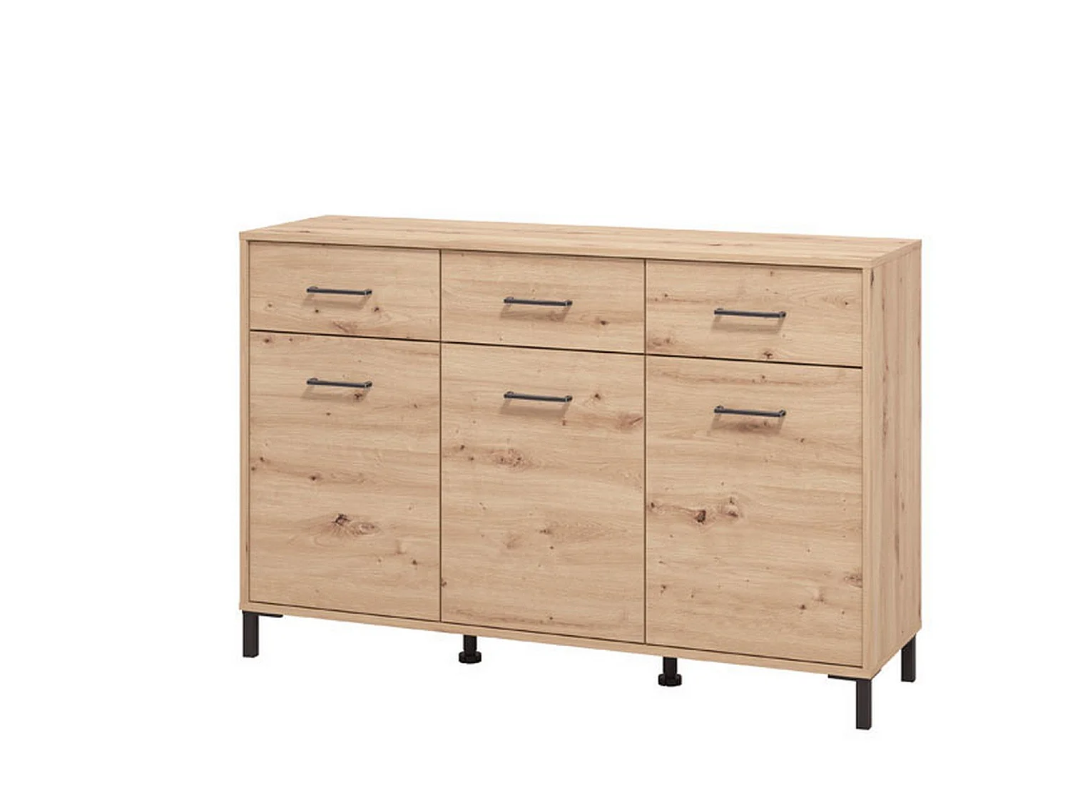 Kommode Laerru, 3 Schubladen, 138x40x90h cm, Eiche Nussbaum, Anrichte, 3 Böden, Flügeltür, Schiebetür