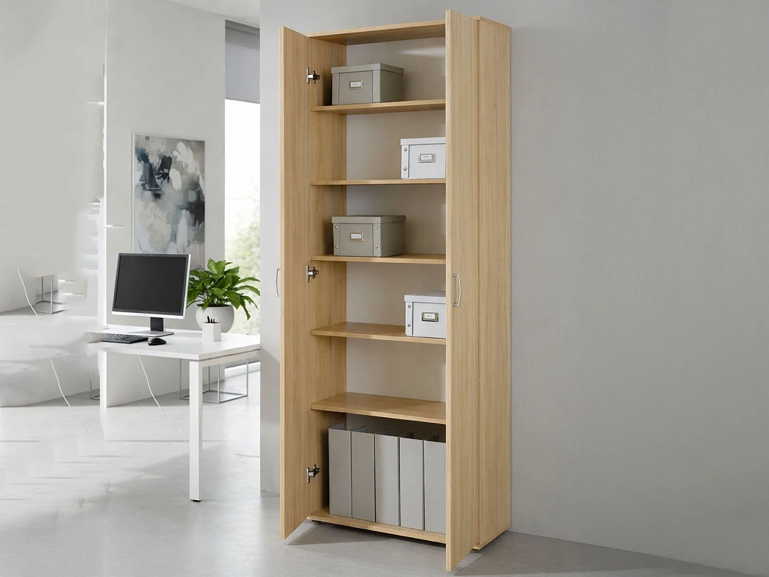 Armoire Polyvalente 2 Portes Dmcilro, 5 Étagères, 34x189h cm Beige