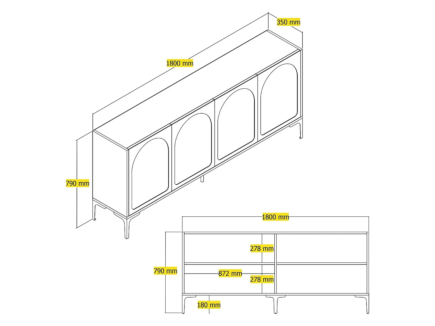 Credenza Torno, 2 Ripiani, 180x35x79h cm Grigio Tortora, Madia, 4 Vani, 4 Ante