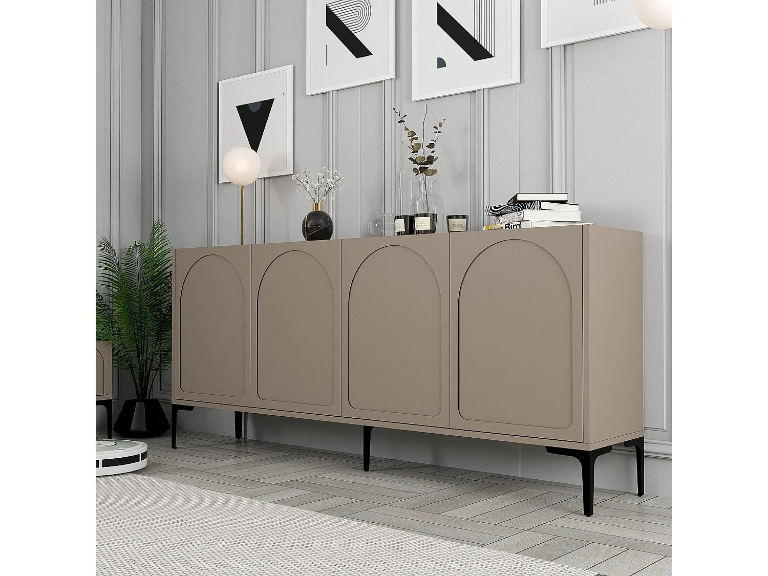 Credenza Torno, 2 Ripiani, 180x35x79h cm Grigio Tortora, Madia, 4 Vani, 4 Ante
