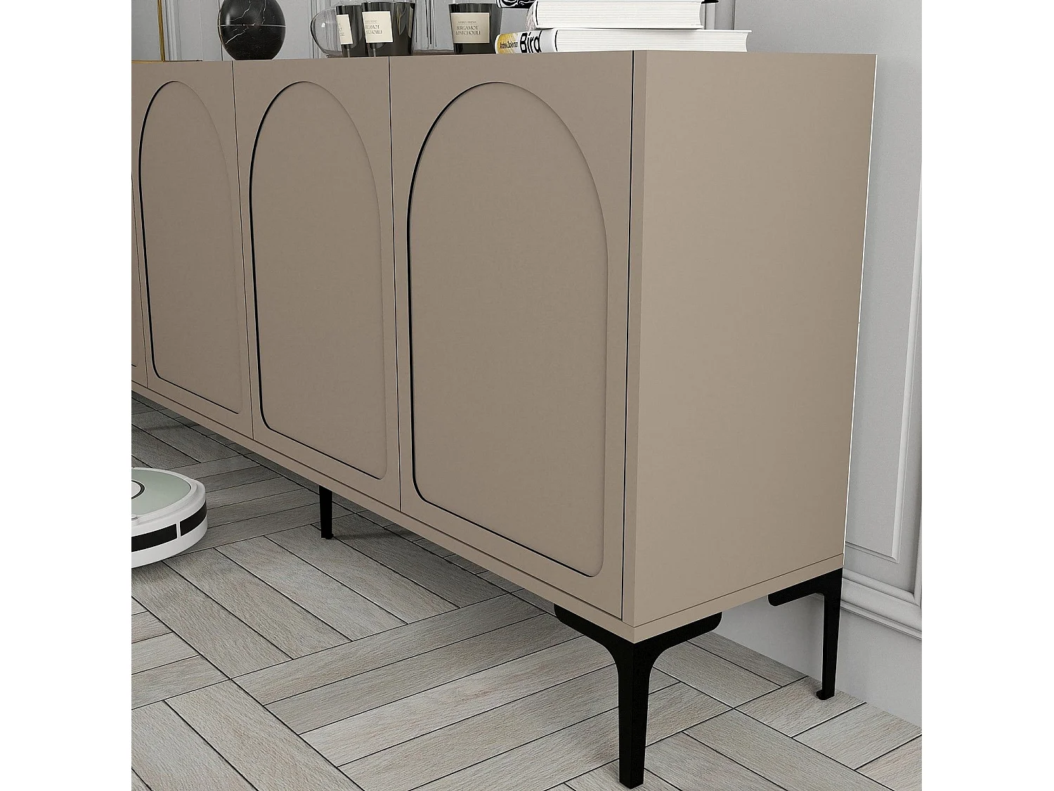 Credenza Torno, 2 Ripiani, 180x35x79h cm Grigio Tortora, Madia, 4 Vani, 4 Ante