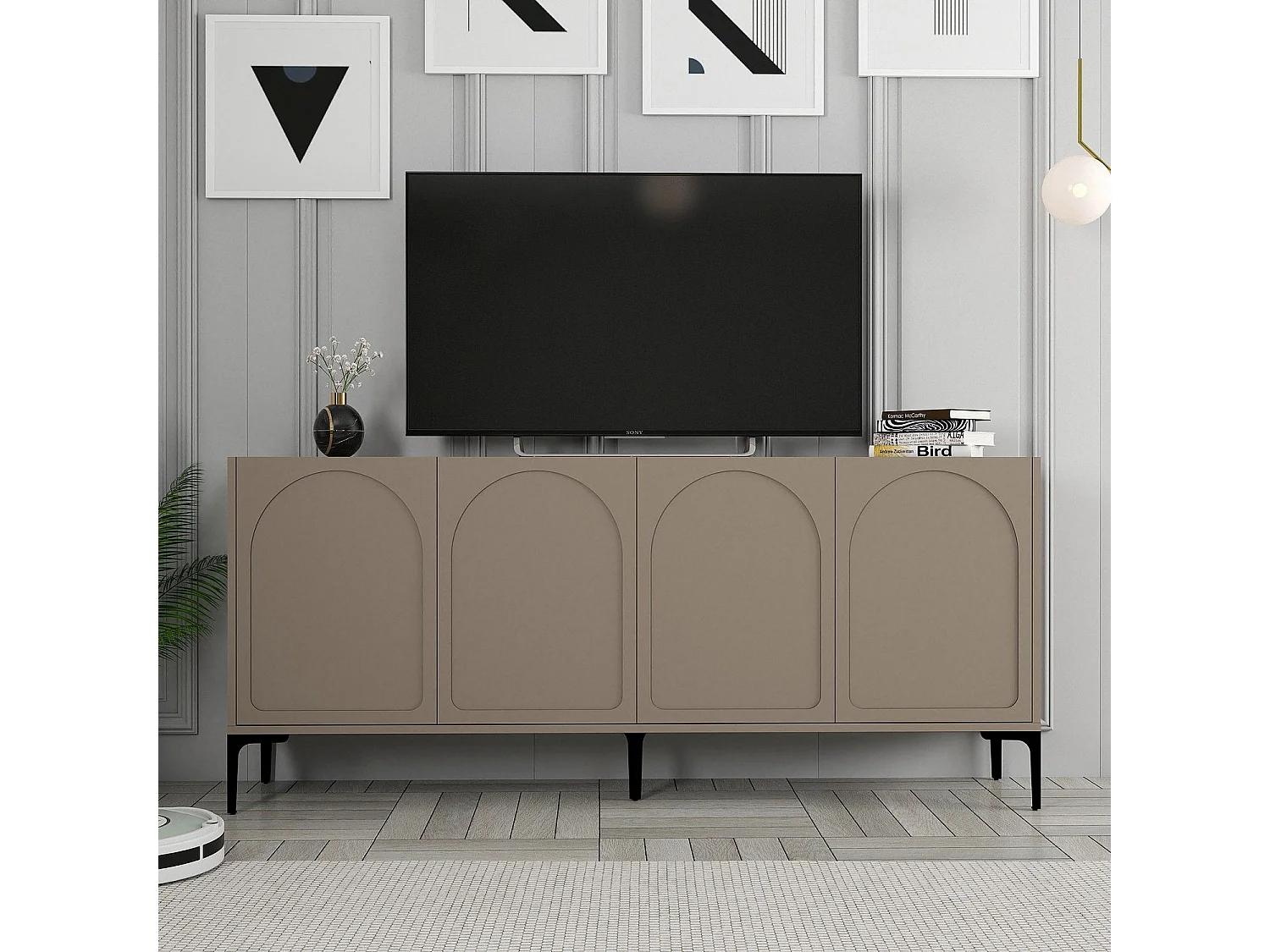 Credenza Torno, 2 Ripiani, 180x35x79h cm Grigio Tortora, Madia, 4 Vani, 4 Ante
