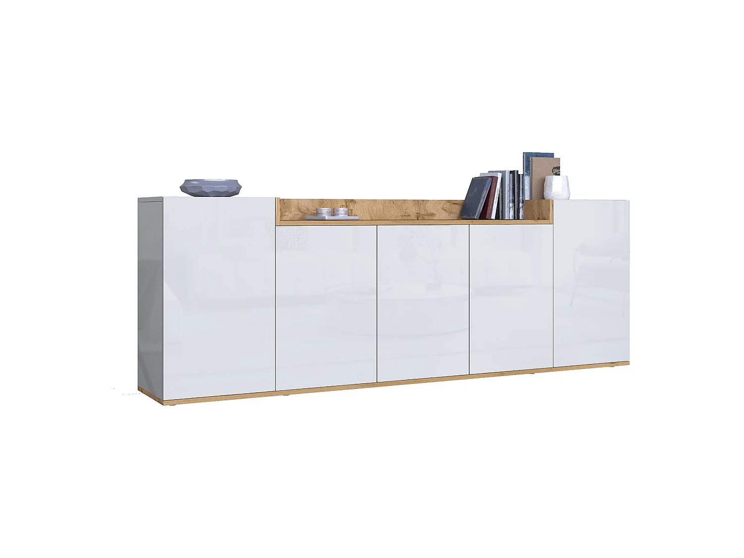 Credenza Cordele, 7 Ripiani Made in Italy, 200x35x70h cm Bianco Lucido, Madia, Apertura Battente, 5 Ante