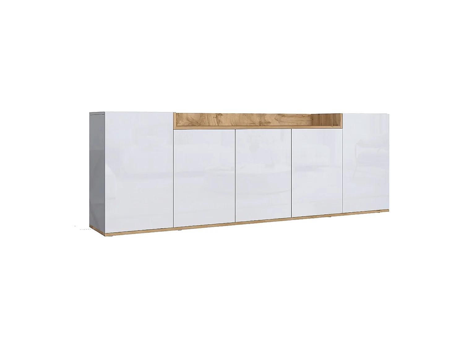 Credenza Cordele, 7 Ripiani Made in Italy, 200x35x70h cm Bianco Lucido, Madia, Apertura Battente, 5 Ante