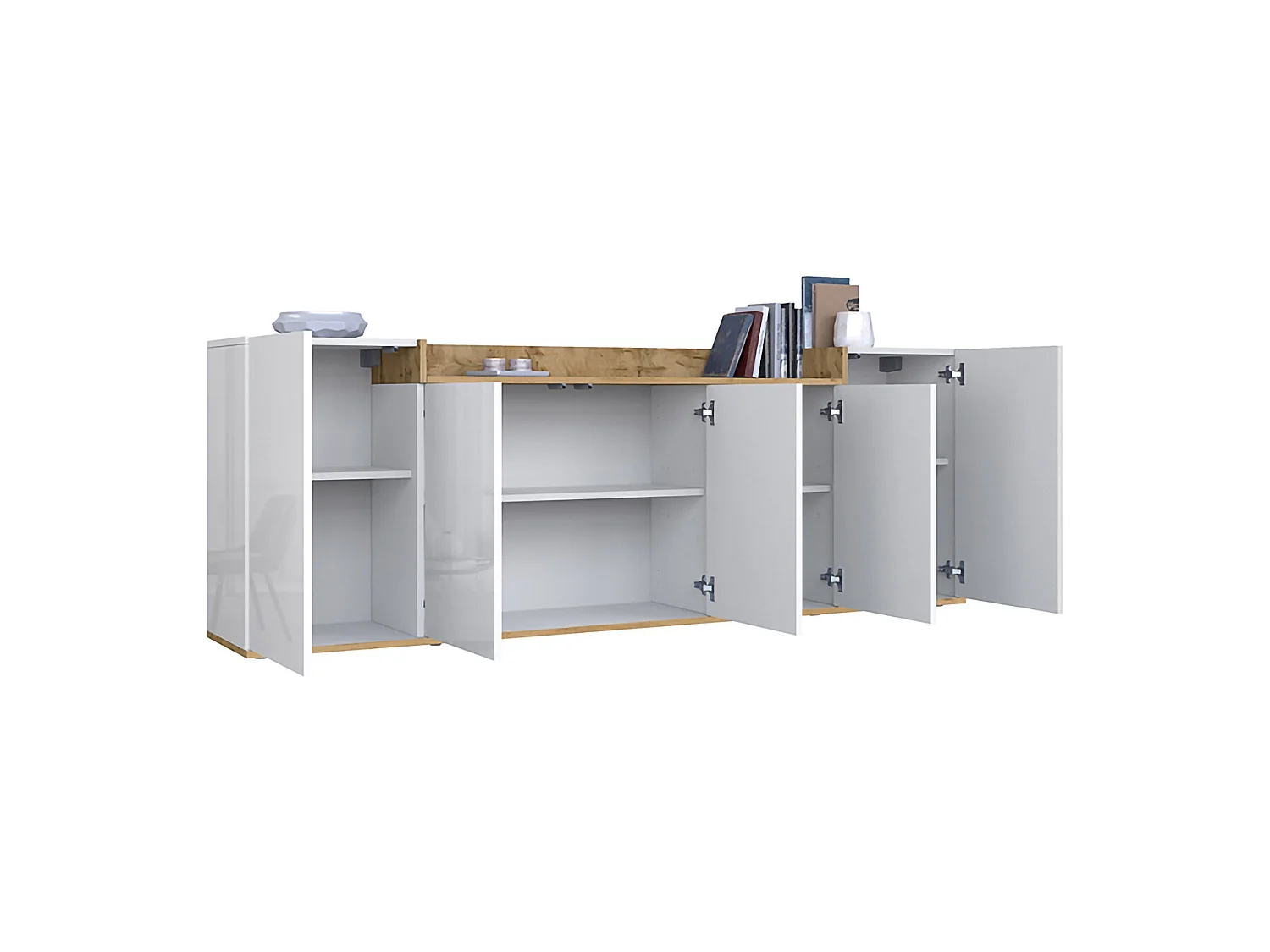Credenza Cordele, 7 Ripiani Made in Italy, 200x35x70h cm Bianco Lucido, Madia, Apertura Battente, 5 Ante