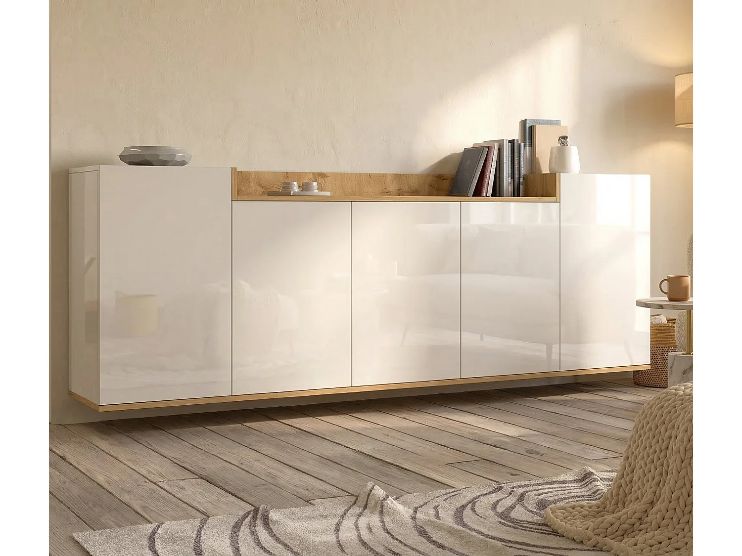 Credenza Cordele, 7 Ripiani Made in Italy, 200x35x70h cm Bianco Lucido, Madia, Apertura Battente, 5 Ante