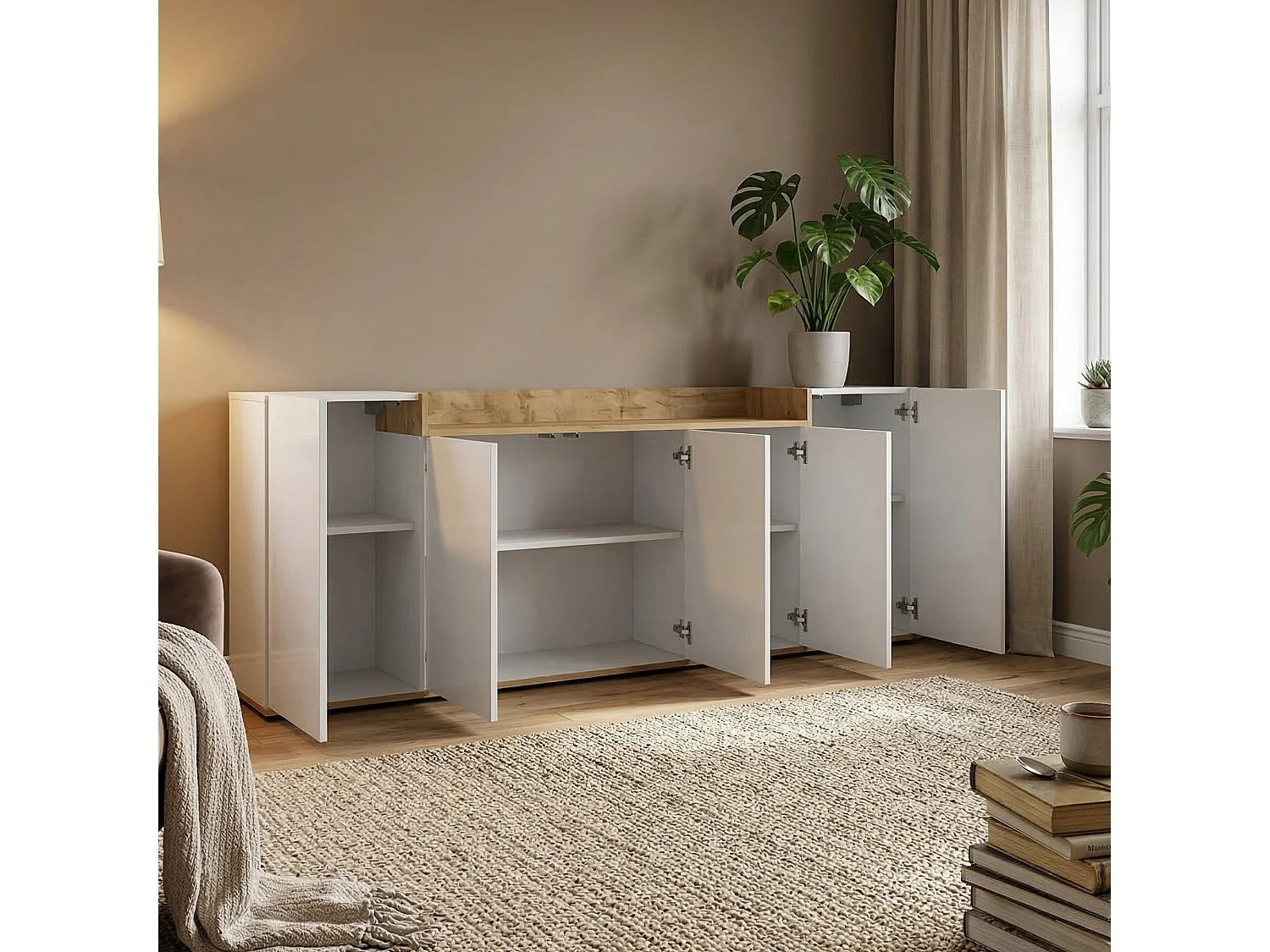 Credenza Cordele, 7 Ripiani Made in Italy, 200x35x70h cm Bianco Lucido, Madia, Apertura Battente, 5 Ante