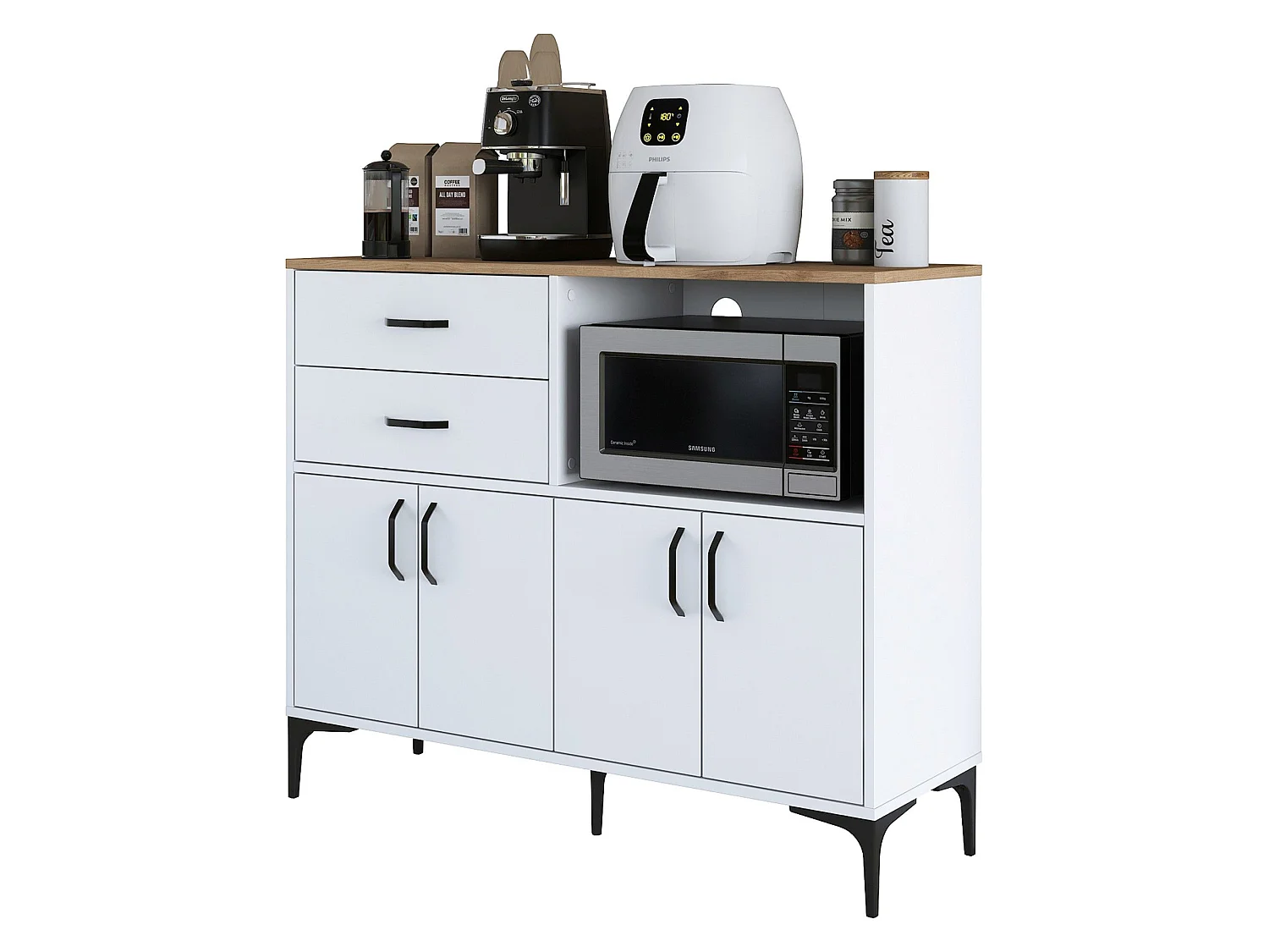 Buffet Cavriana, 2 tiroirs, 120x40x99h cm blanc, Enfilade, 2 étagères, Portes battantes, Coulissantes