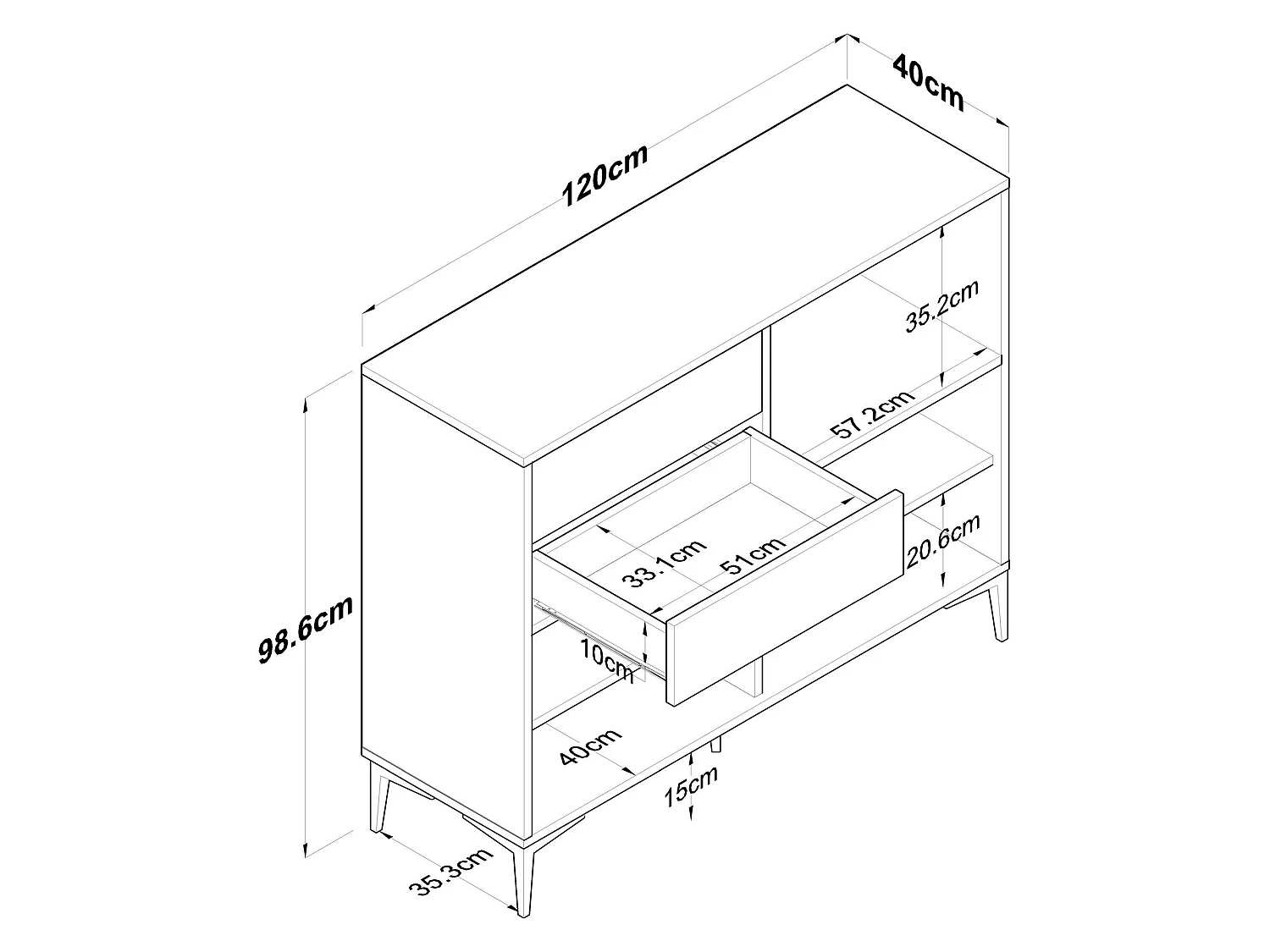 Buffet Cavriana, 2 tiroirs, 120x40x99h cm blanc, Enfilade, 2 étagères, Portes battantes, Coulissantes