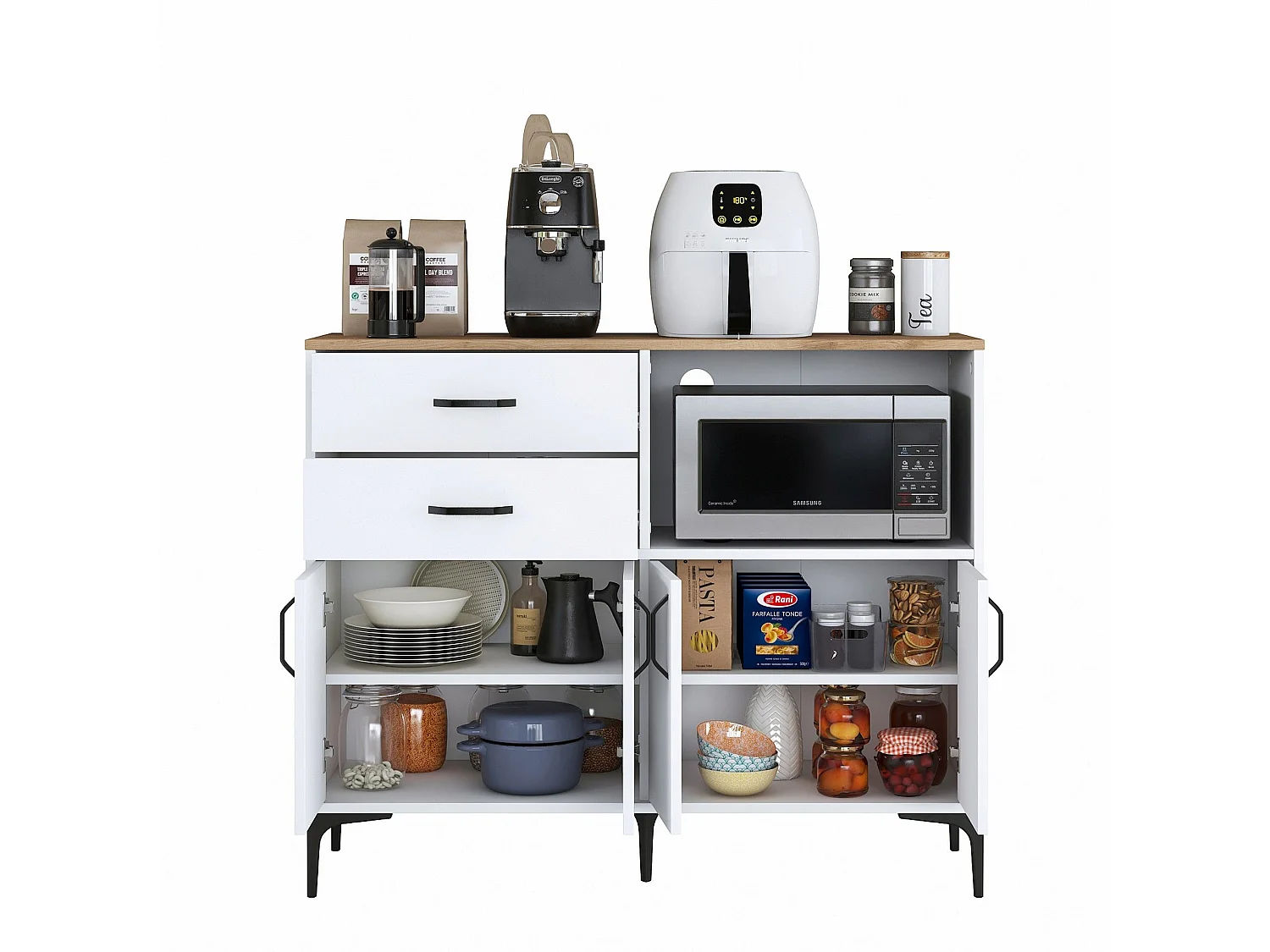 Buffet Cavriana, 2 tiroirs, 120x40x99h cm blanc, Enfilade, 2 étagères, Portes battantes, Coulissantes