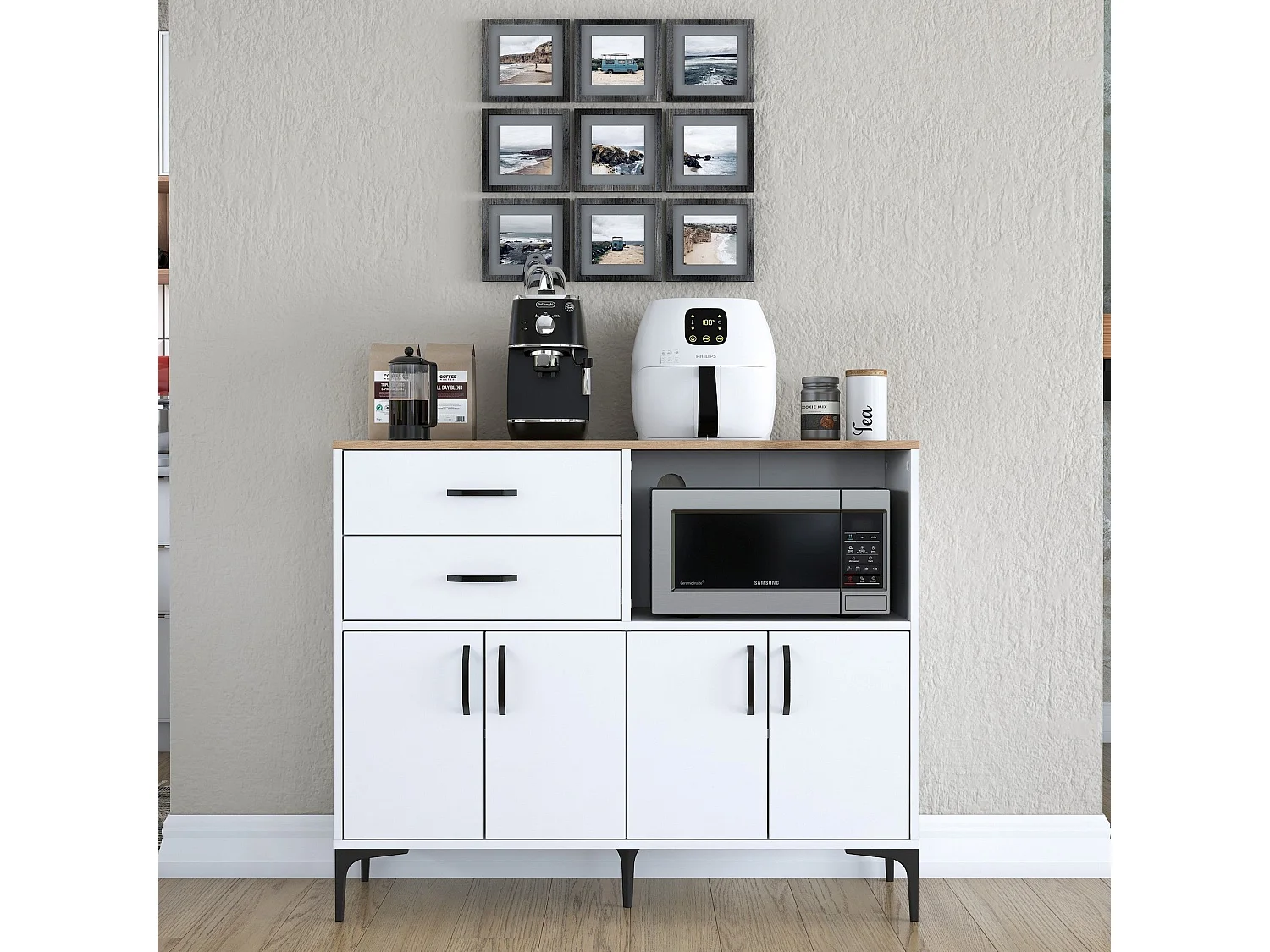 Buffet Cavriana, 2 tiroirs, 120x40x99h cm blanc, Enfilade, 2 étagères, Portes battantes, Coulissantes