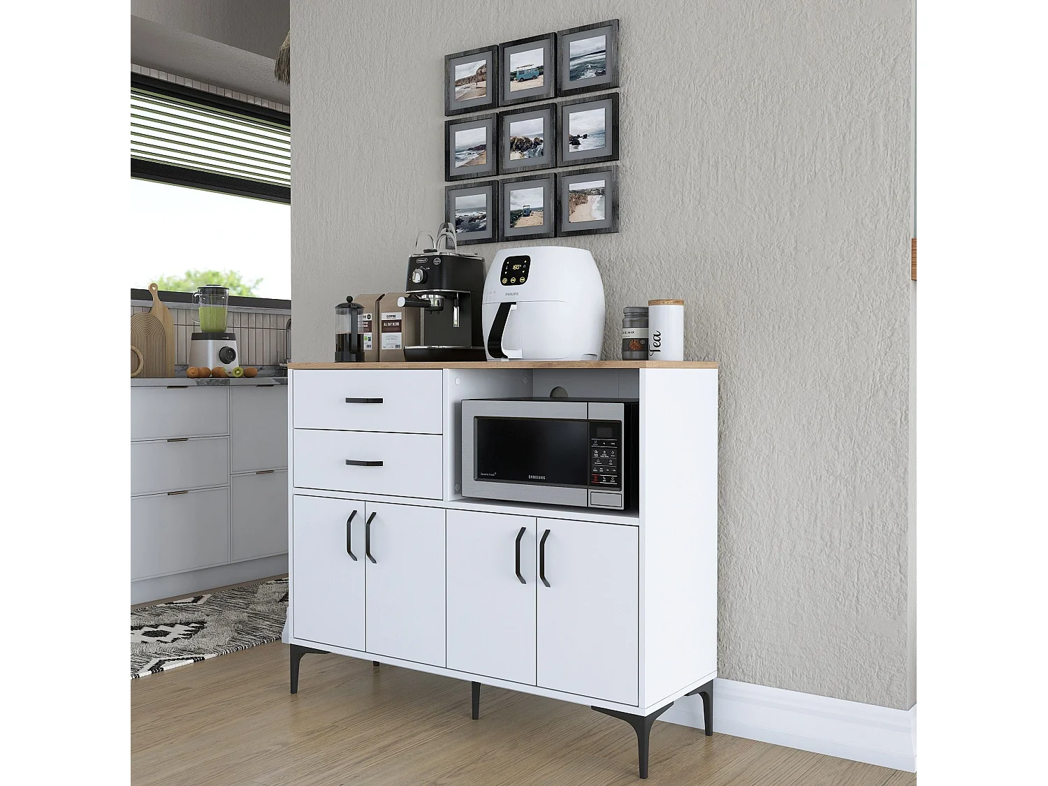 Buffet Cavriana, 2 tiroirs, 120x40x99h cm blanc, Enfilade, 2 étagères, Portes battantes, Coulissantes