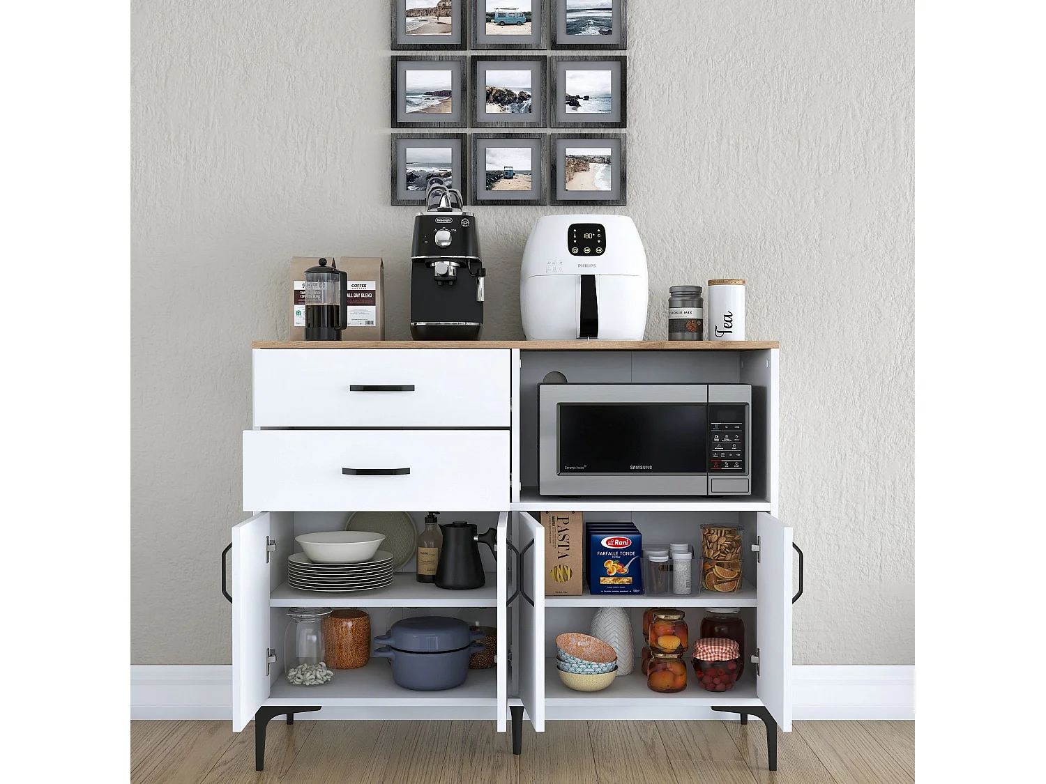 Buffet Cavriana, 2 tiroirs, 120x40x99h cm blanc, Enfilade, 2 étagères, Portes battantes, Coulissantes