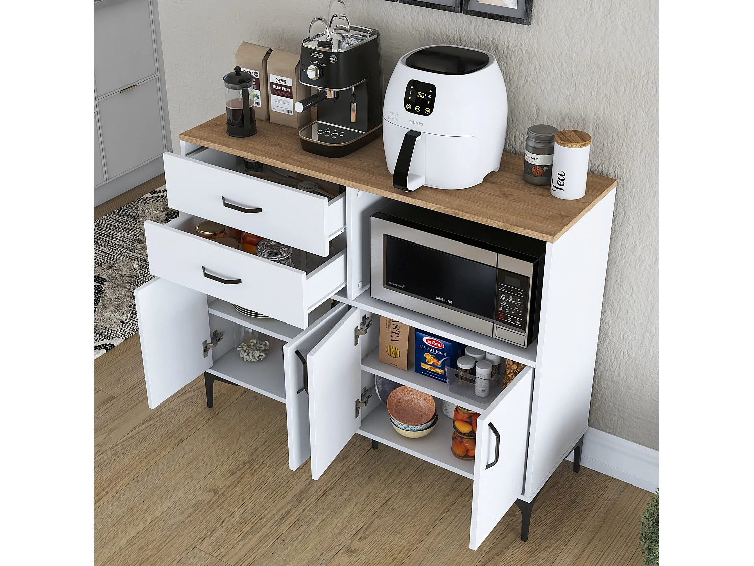 Buffet Cavriana, 2 tiroirs, 120x40x99h cm blanc, Enfilade, 2 étagères, Portes battantes, Coulissantes