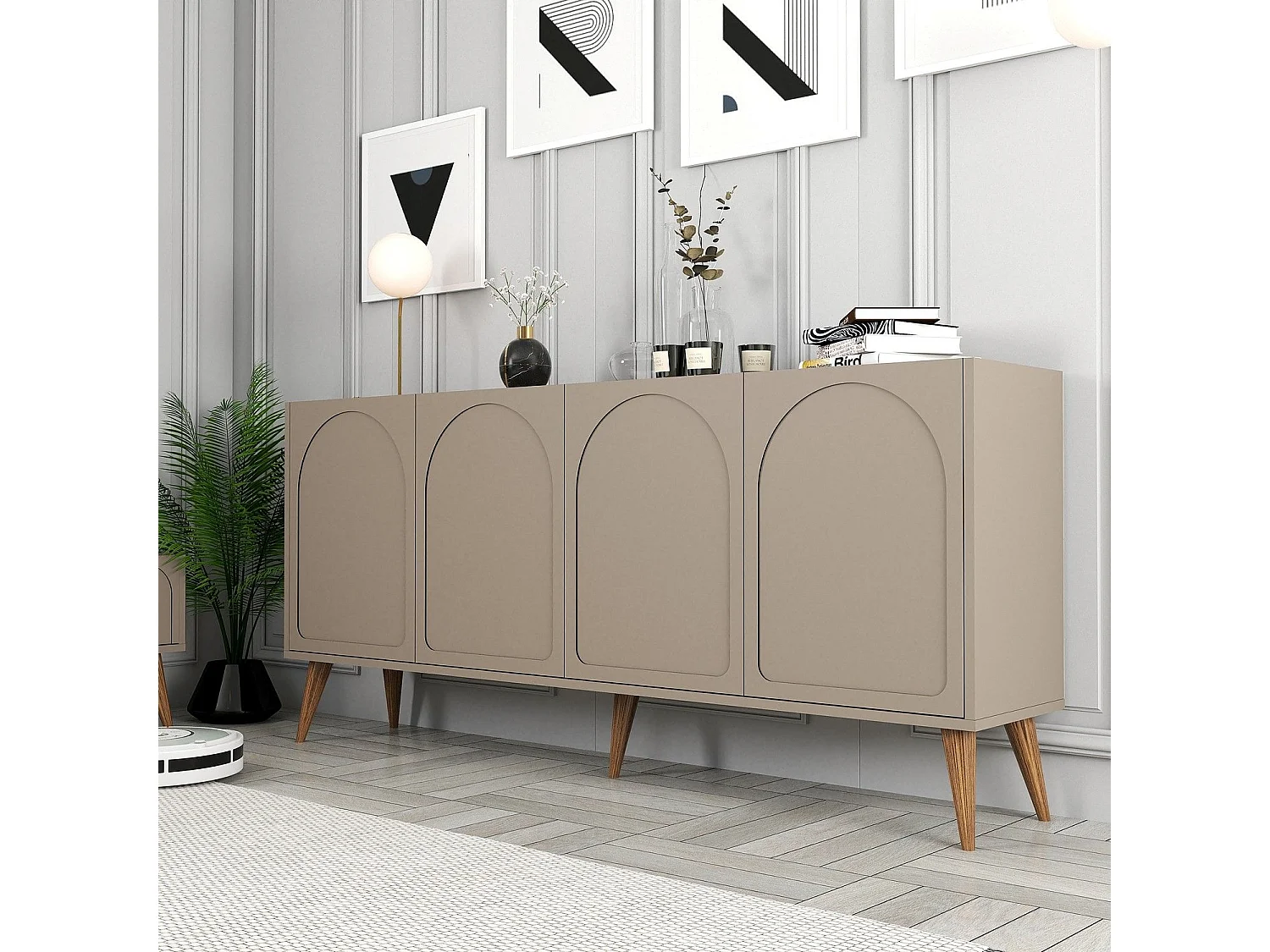 Credenza Niscemi, 2 Ripiani, 180x35x81h cm Grigio Tortora, Madia, 4 Ante, 4 Vani
