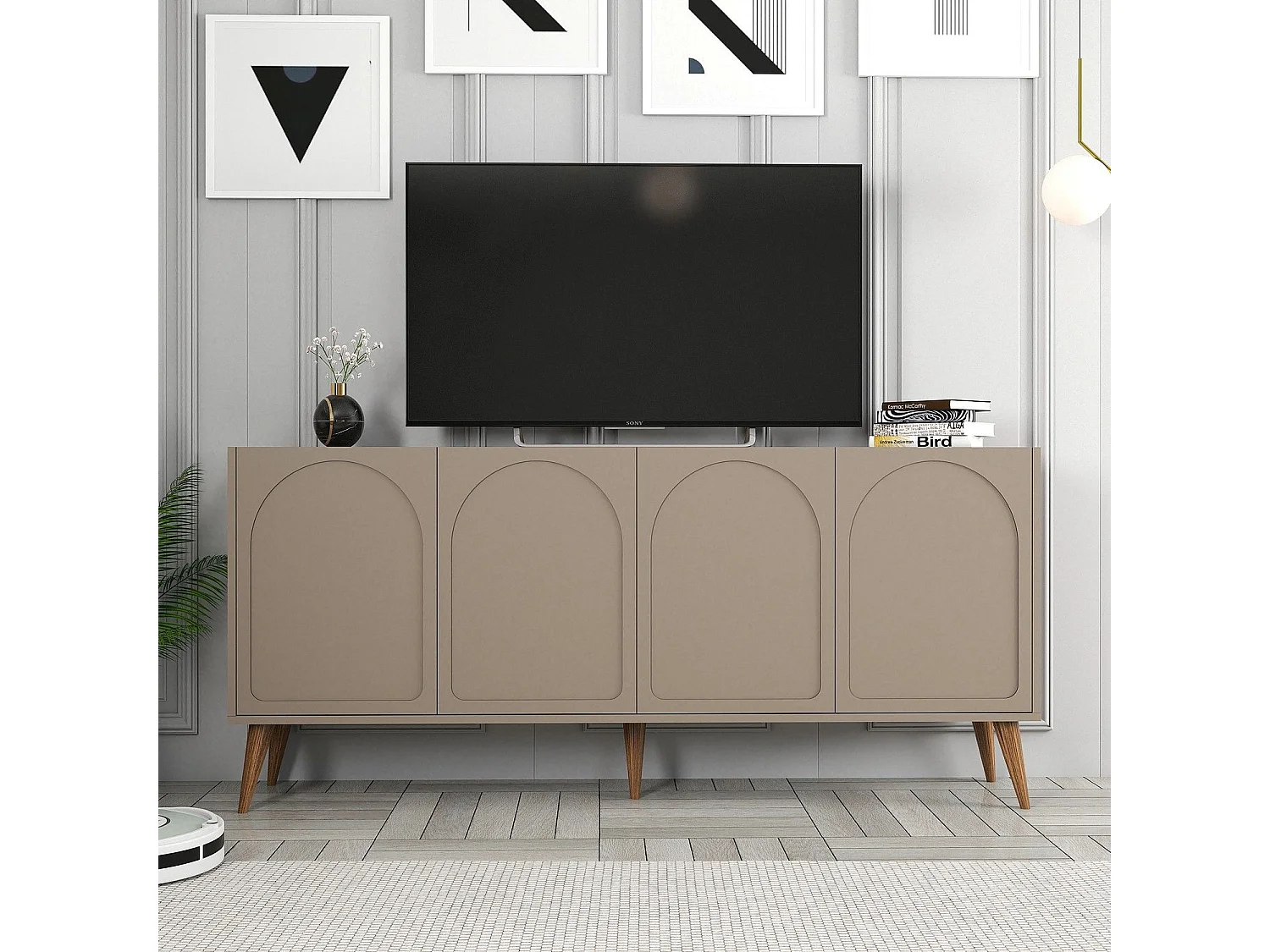 Credenza Niscemi, 2 Ripiani, 180x35x81h cm Grigio Tortora, Madia, 4 Ante, 4 Vani