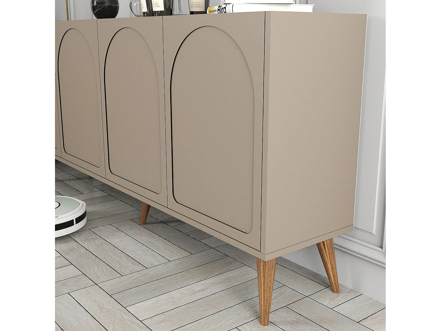 Credenza Niscemi, 2 Ripiani, 180x35x81h cm Grigio Tortora, Madia, 4 Ante, 4 Vani