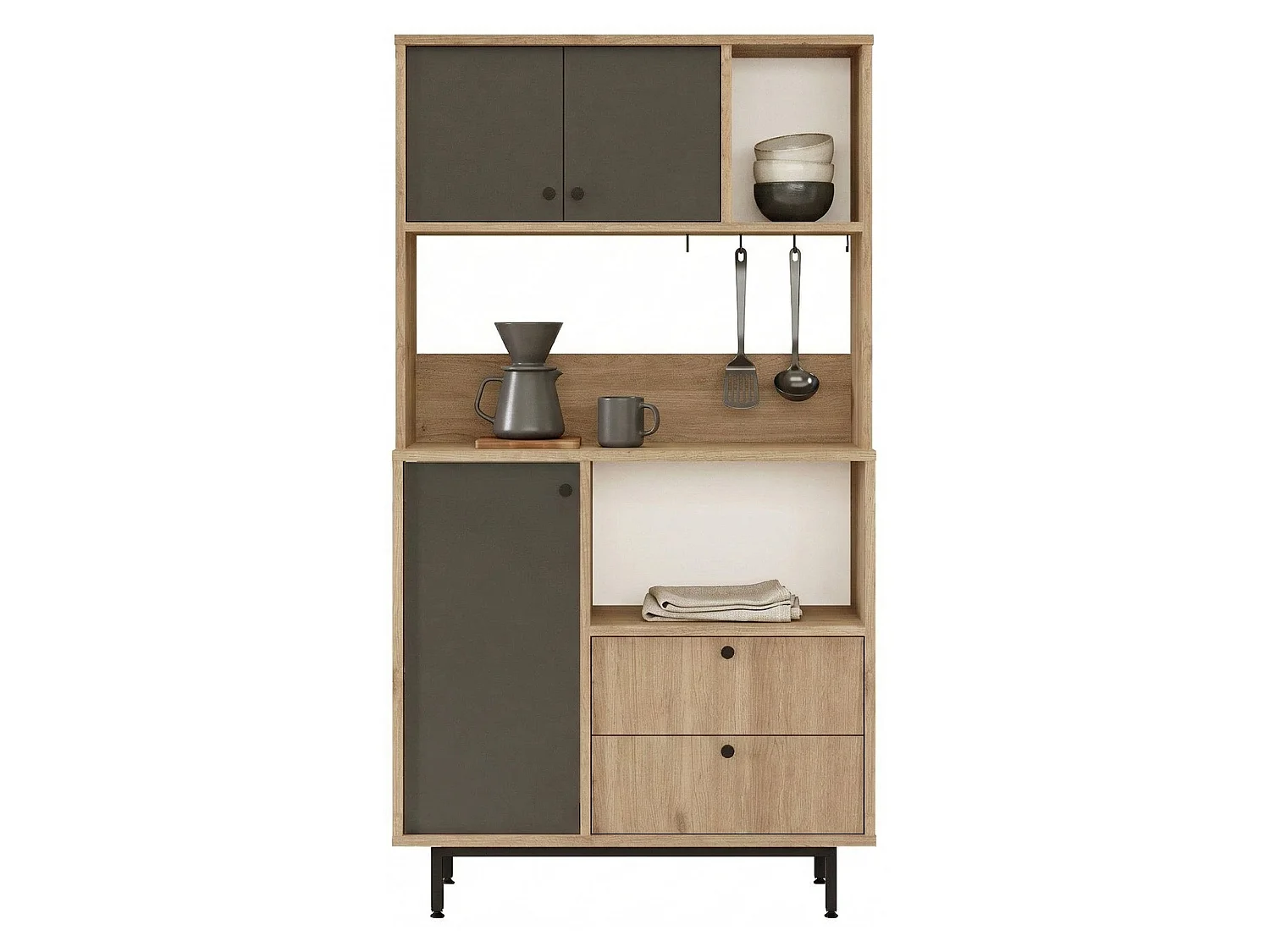 Credenza Paratico, 5 Ripiani, 88x36x161h cm Marrone Rovere, Madia, 2 Cassetti, 3 Ante