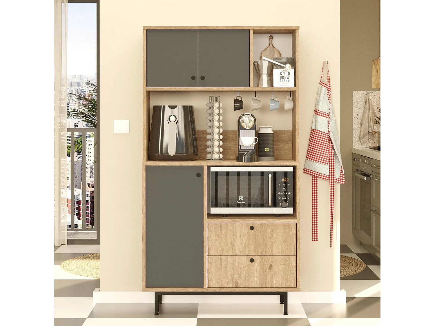 Credenza Paratico, 5 Ripiani, 88x36x161h cm Marrone Rovere, Madia, 2 Cassetti, 3 Ante