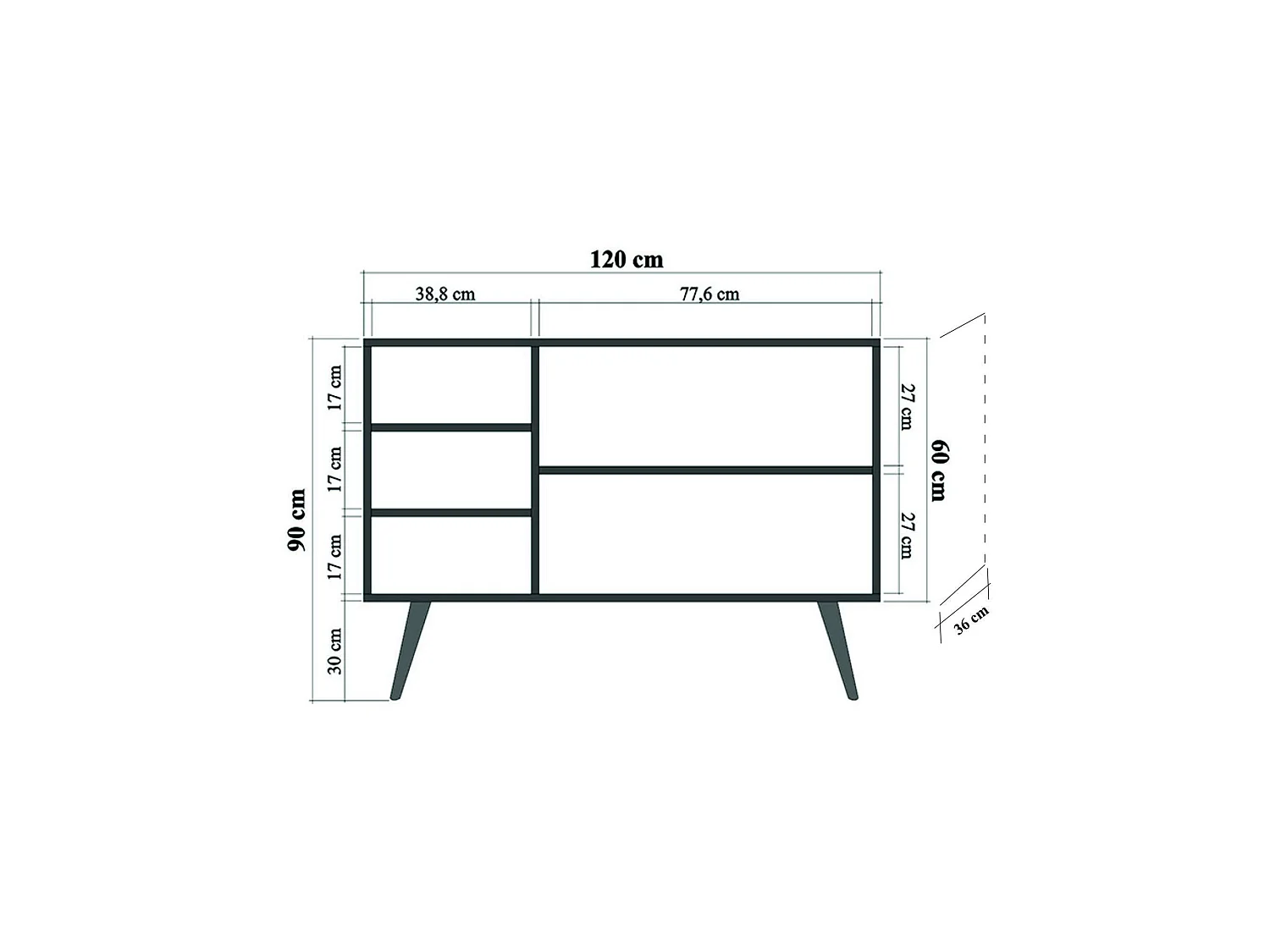 Buffet Haratan, 3 étagères, 120x36x90h cm brun chêne, bahut, ouverture battante, 3 portes