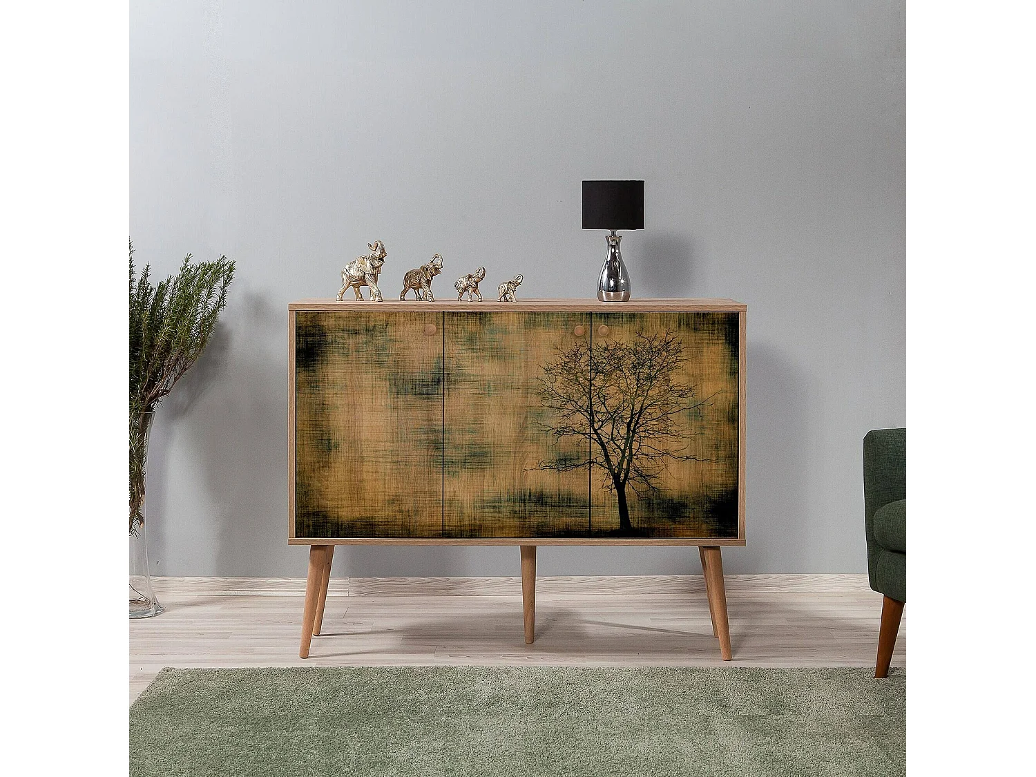 Buffet Haratan, 3 étagères, 120x36x90h cm brun chêne, bahut, ouverture battante, 3 portes
