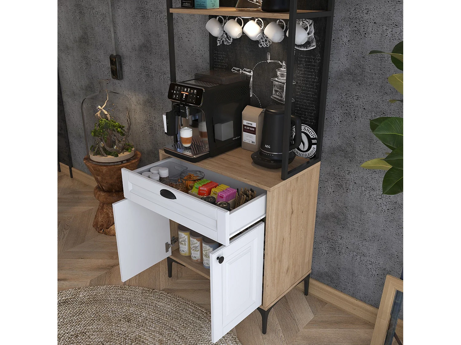 Credenza Nemoli, un Cassetto, 70x40x186h cm Bianco Rovere, Madia, un Ripiano, Apertura Battente, Scorrevole