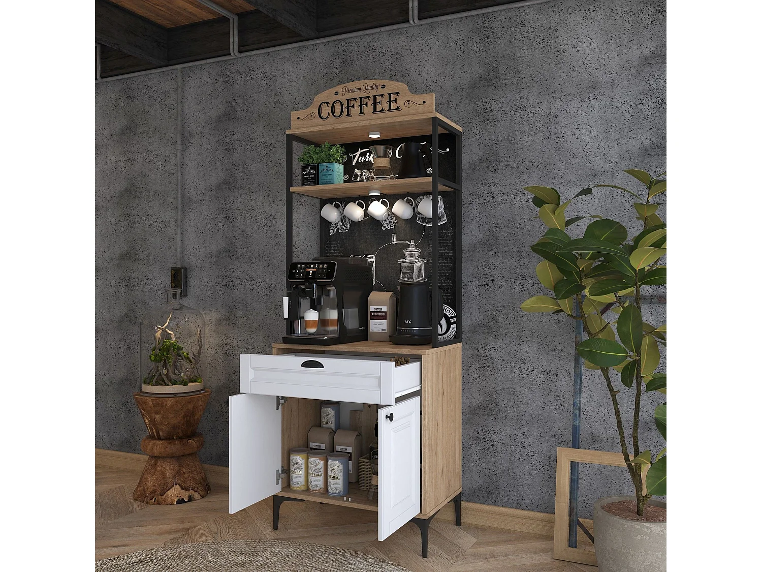 Credenza Nemoli, un Cassetto, 70x40x186h cm Bianco Rovere, Madia, un Ripiano, Apertura Battente, Scorrevole