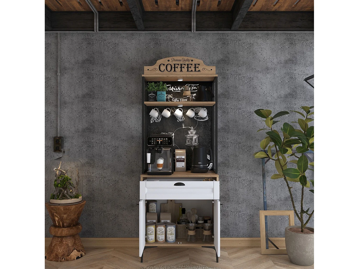 Credenza Nemoli, un Cassetto, 70x40x186h cm Bianco Rovere, Madia, un Ripiano, Apertura Battente, Scorrevole