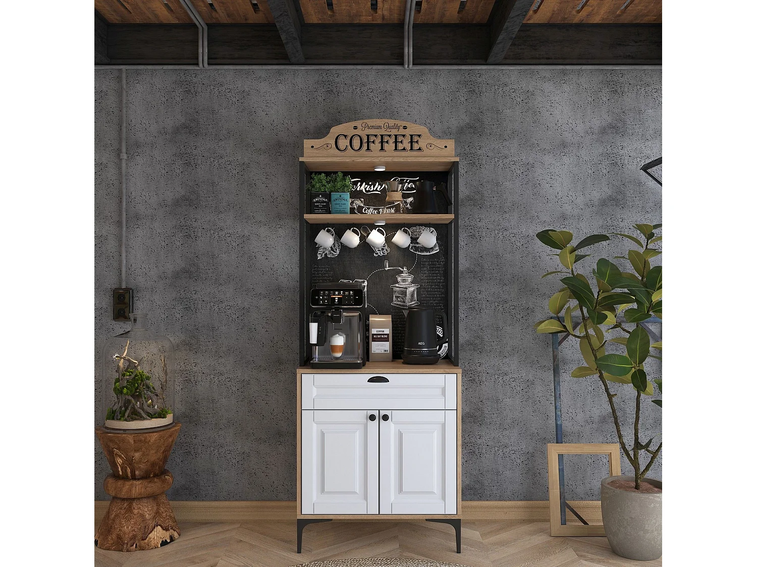 Credenza Nemoli, un Cassetto, 70x40x186h cm Bianco Rovere, Madia, un Ripiano, Apertura Battente, Scorrevole