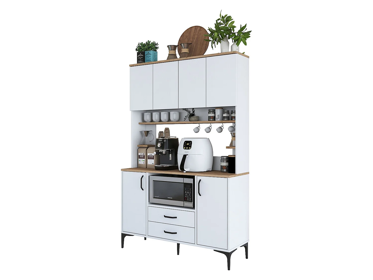 Credenza Mairag, 4 Ripiani, 120x40x184h cm Bianco, Madia, 2 Cassetti, 6 Ante