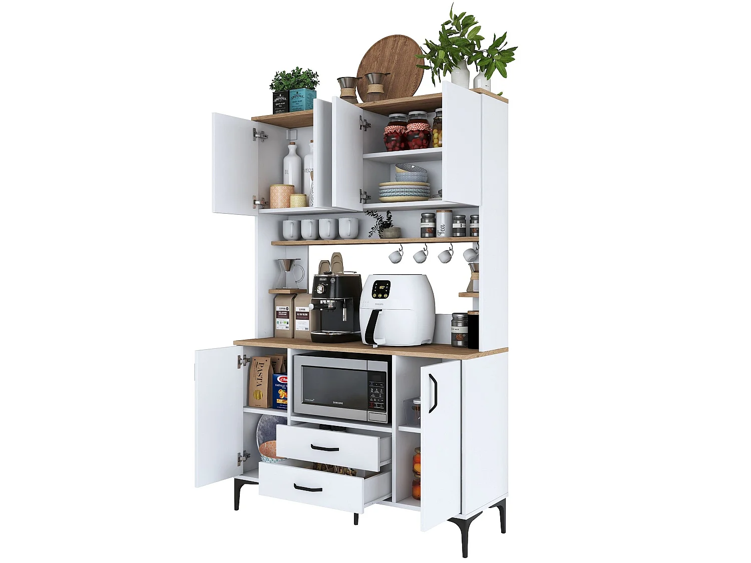 Credenza Mairag, 4 Ripiani, 120x40x184h cm Bianco, Madia, 2 Cassetti, 6 Ante