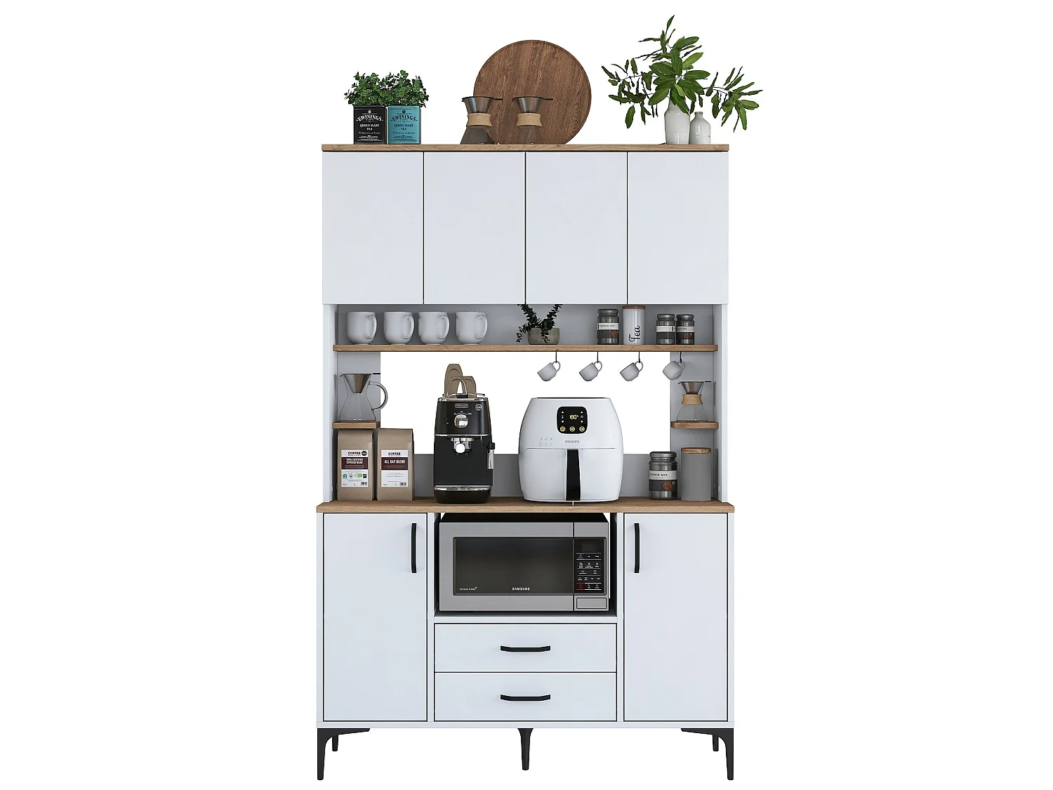 Credenza Mairag, 4 Ripiani, 120x40x184h cm Bianco, Madia, 2 Cassetti, 6 Ante