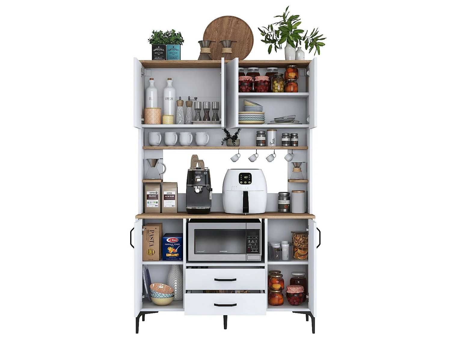 Credenza Mairag, 4 Ripiani, 120x40x184h cm Bianco, Madia, 2 Cassetti, 6 Ante