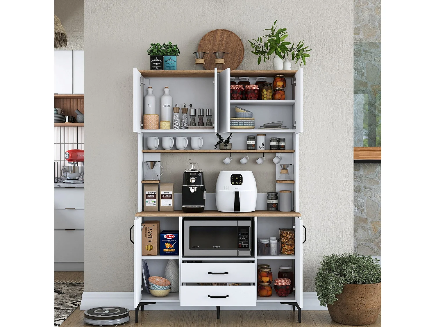 Credenza Mairag, 4 Ripiani, 120x40x184h cm Bianco, Madia, 2 Cassetti, 6 Ante