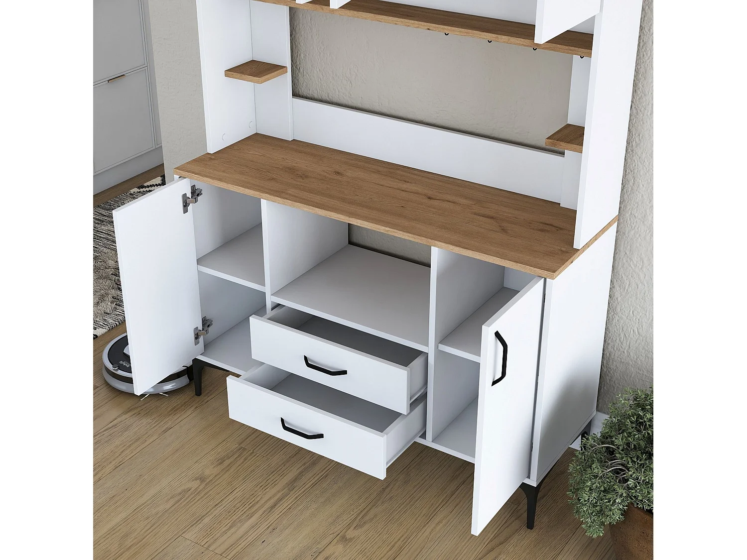 Credenza Mairag, 4 Ripiani, 120x40x184h cm Bianco, Madia, 2 Cassetti, 6 Ante