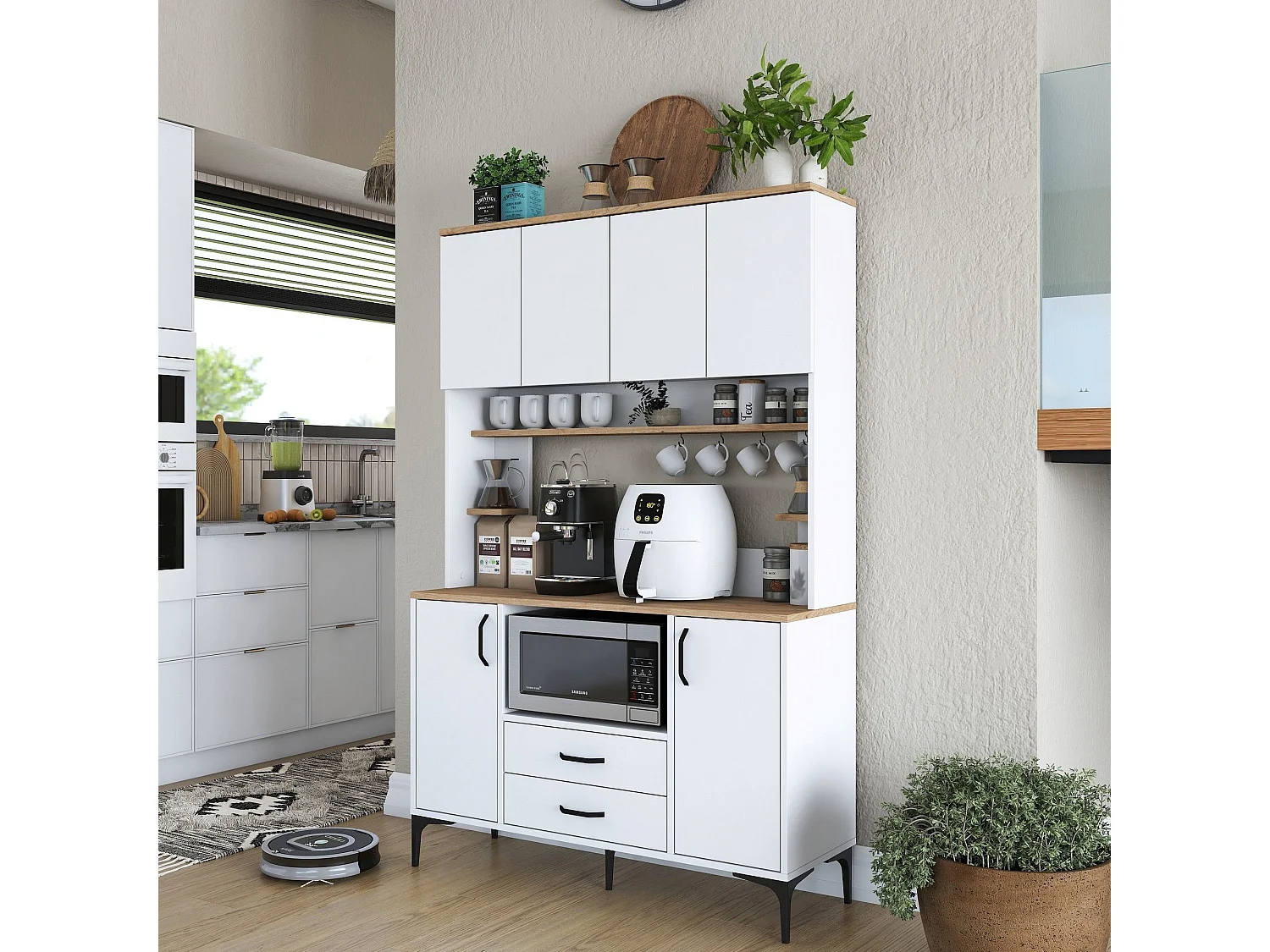 Credenza Mairag, 4 Ripiani, 120x40x184h cm Bianco, Madia, 2 Cassetti, 6 Ante