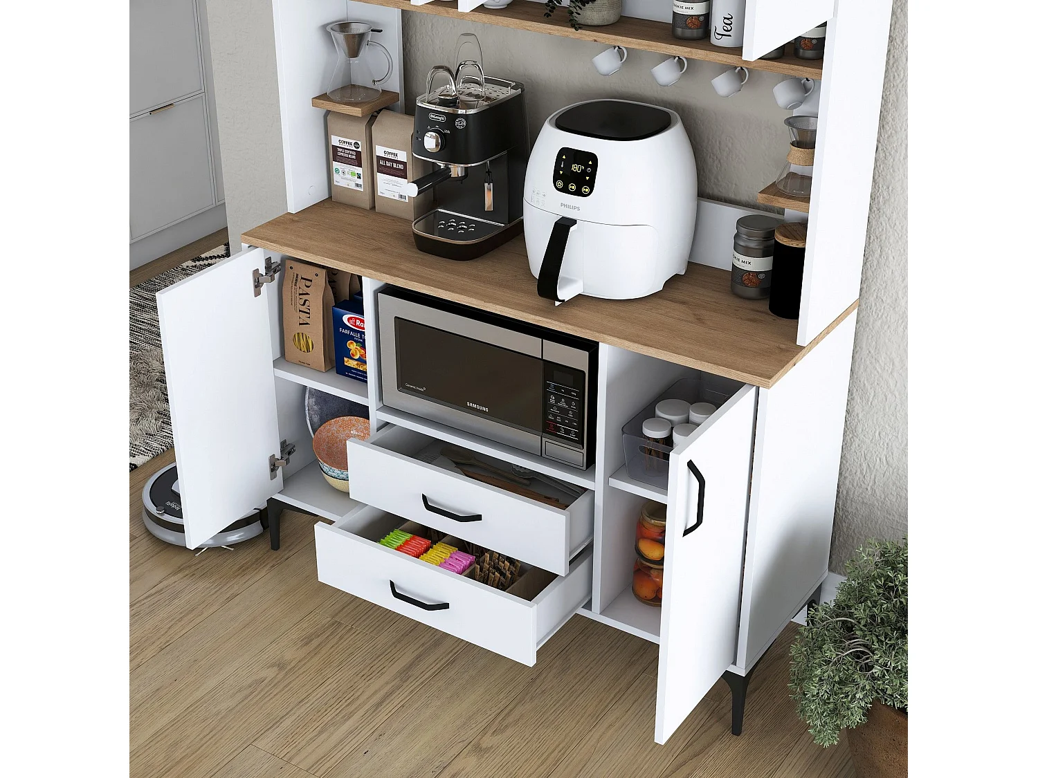 Credenza Mairag, 4 Ripiani, 120x40x184h cm Bianco, Madia, 2 Cassetti, 6 Ante