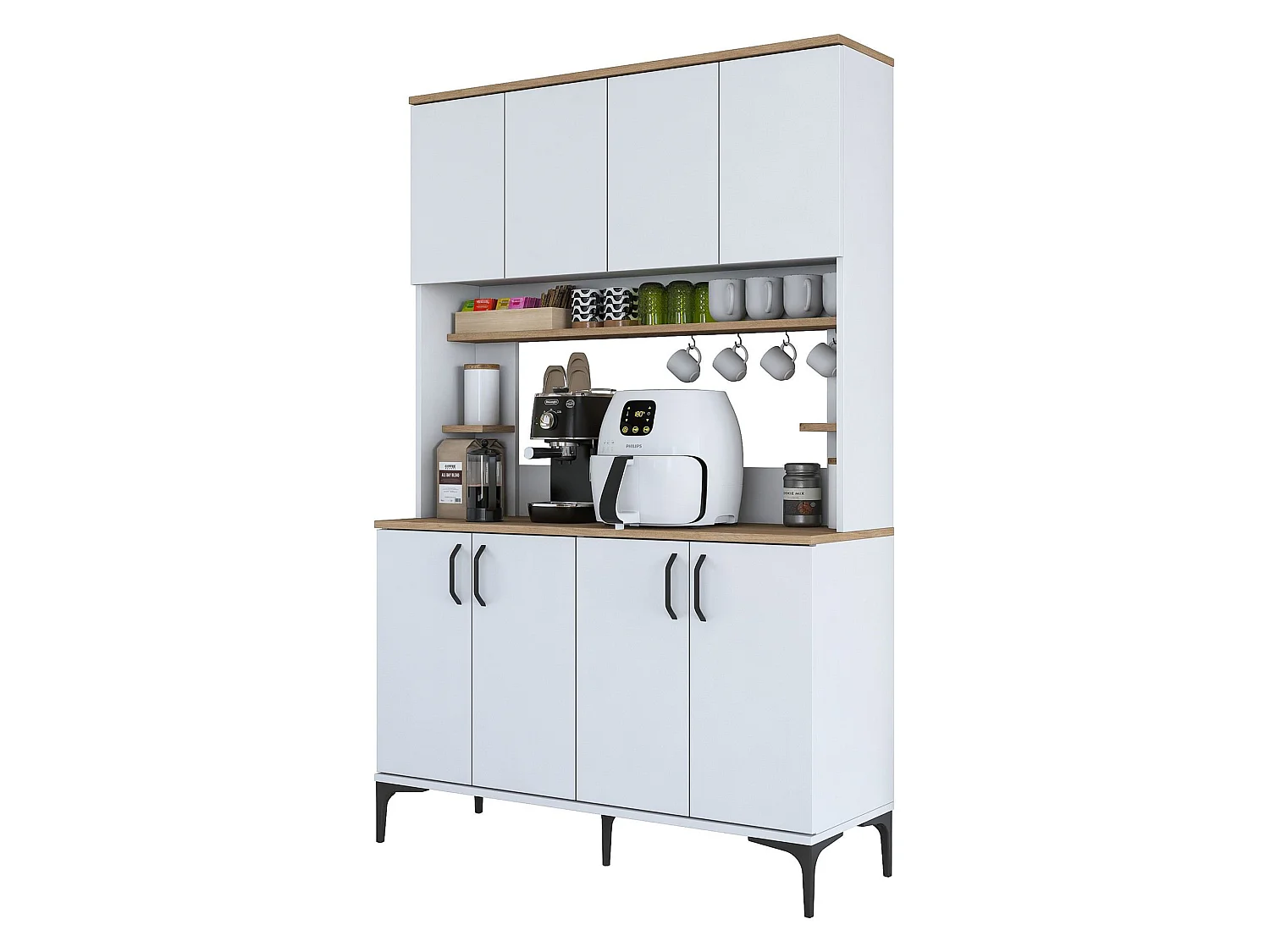 Credenza Ceccano, 7 Ripiani, 120x40x184h cm Bianco, Madia, 8 Vani, 8 Ante