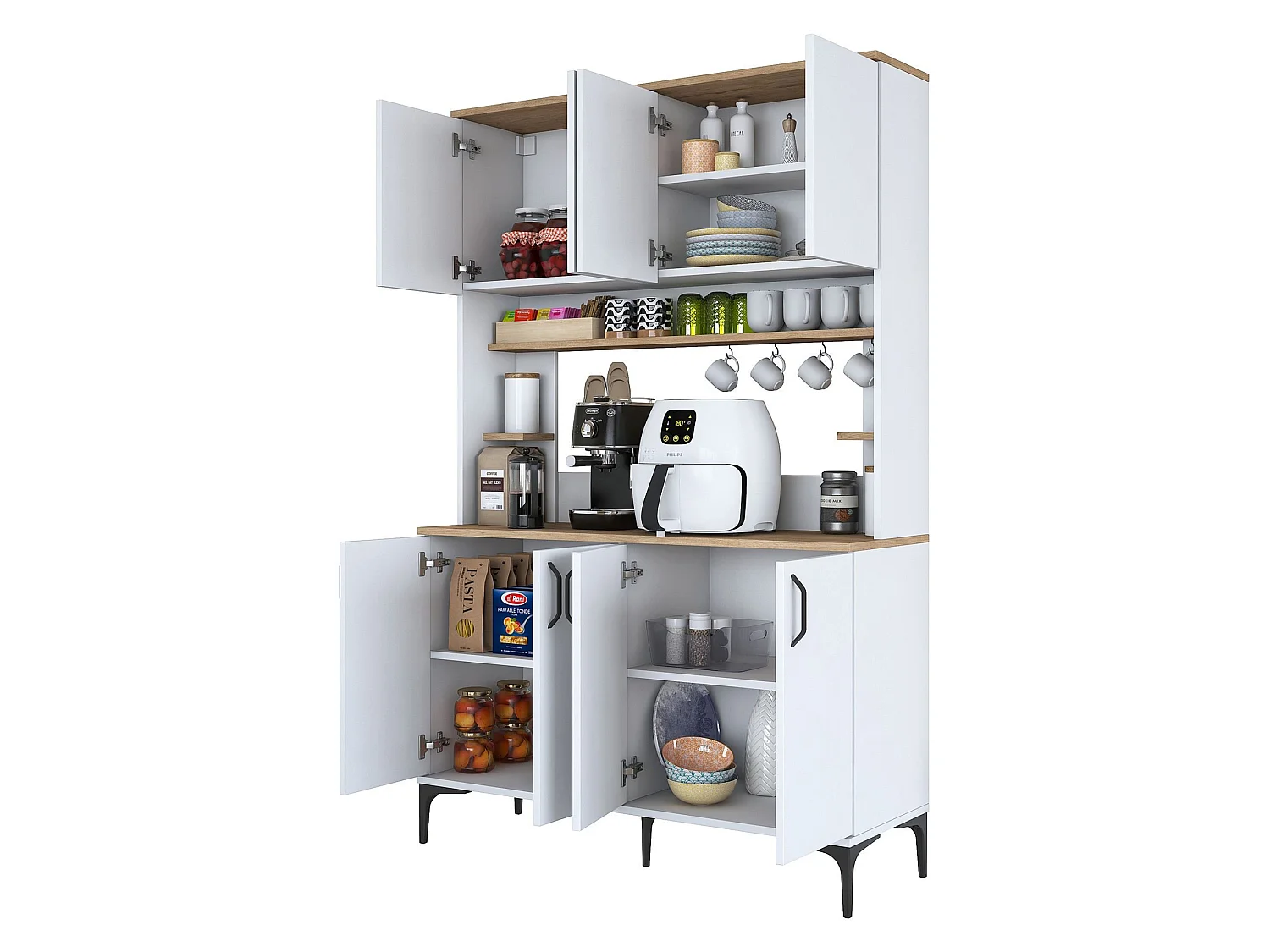 Credenza Ceccano, 7 Ripiani, 120x40x184h cm Bianco, Madia, 8 Vani, 8 Ante
