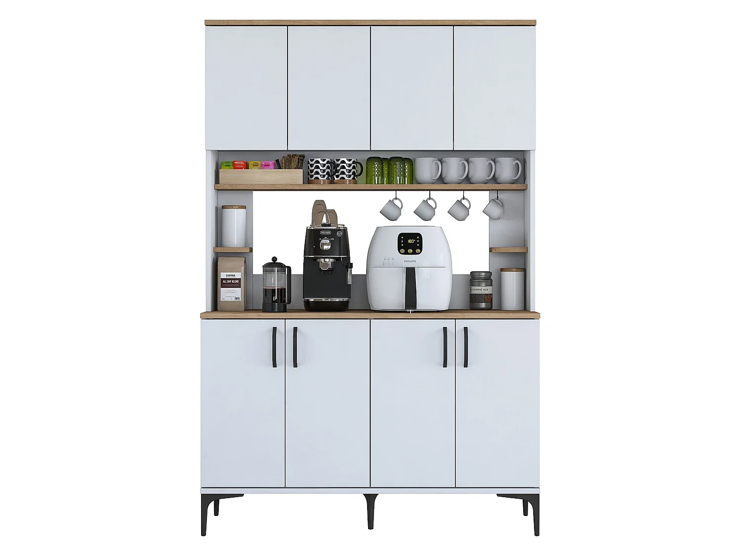 Credenza Ceccano, 7 Ripiani, 120x40x184h cm Bianco, Madia, 8 Vani, 8 Ante