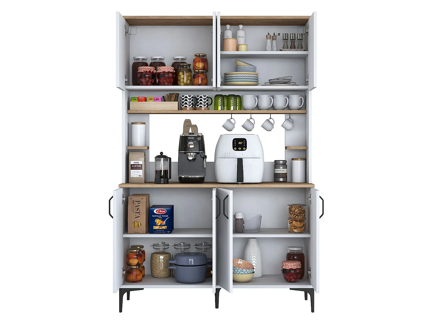 Credenza Ceccano, 7 Ripiani, 120x40x184h cm Bianco, Madia, 8 Vani, 8 Ante