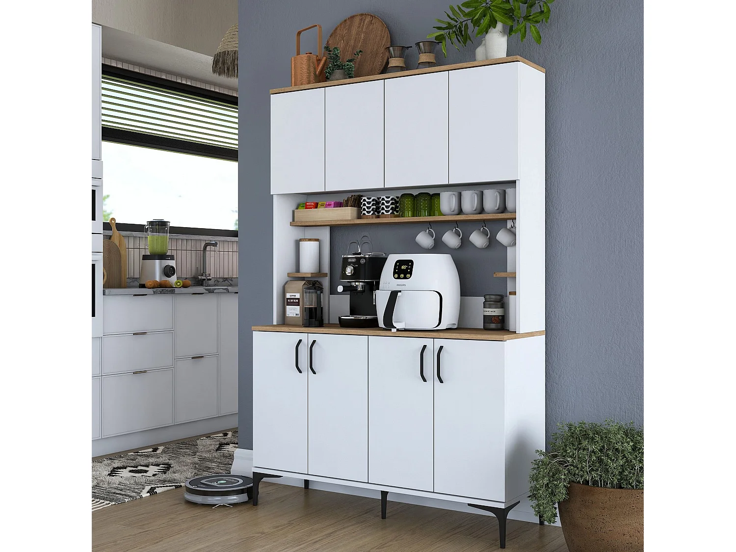 Credenza Ceccano, 7 Ripiani, 120x40x184h cm Bianco, Madia, 8 Vani, 8 Ante