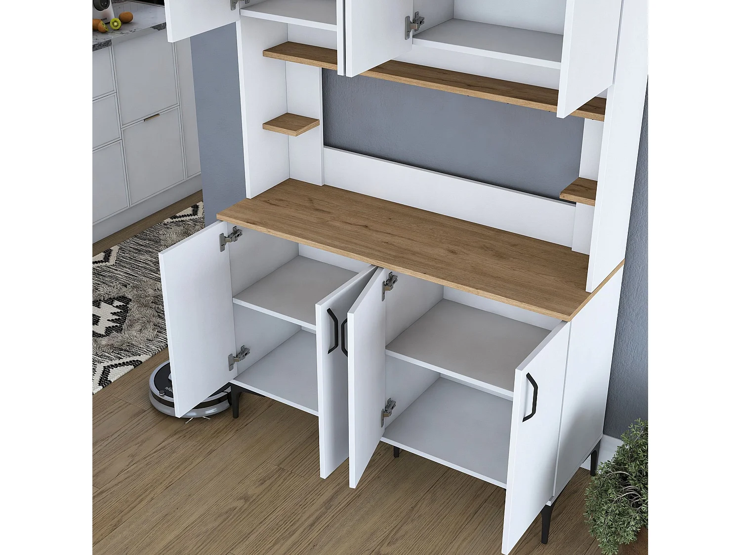 Credenza Ceccano, 7 Ripiani, 120x40x184h cm Bianco, Madia, 8 Vani, 8 Ante
