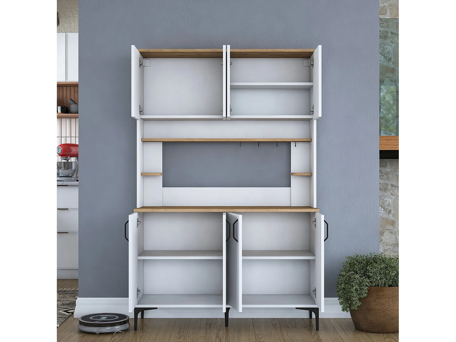 Credenza Ceccano, 7 Ripiani, 120x40x184h cm Bianco, Madia, 8 Vani, 8 Ante