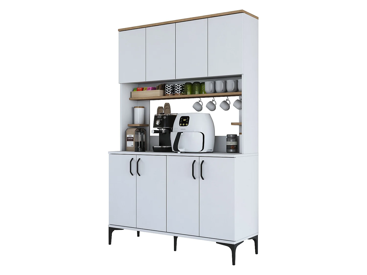 Credenza Legnaro, 4 Ripiani, 120x40x187h cm Bianco, Madia, 8 Vani, 8 Ante