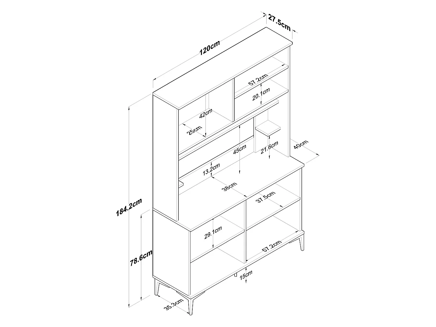 Credenza Legnaro, 4 Ripiani, 120x40x187h cm Bianco, Madia, 8 Vani, 8 Ante