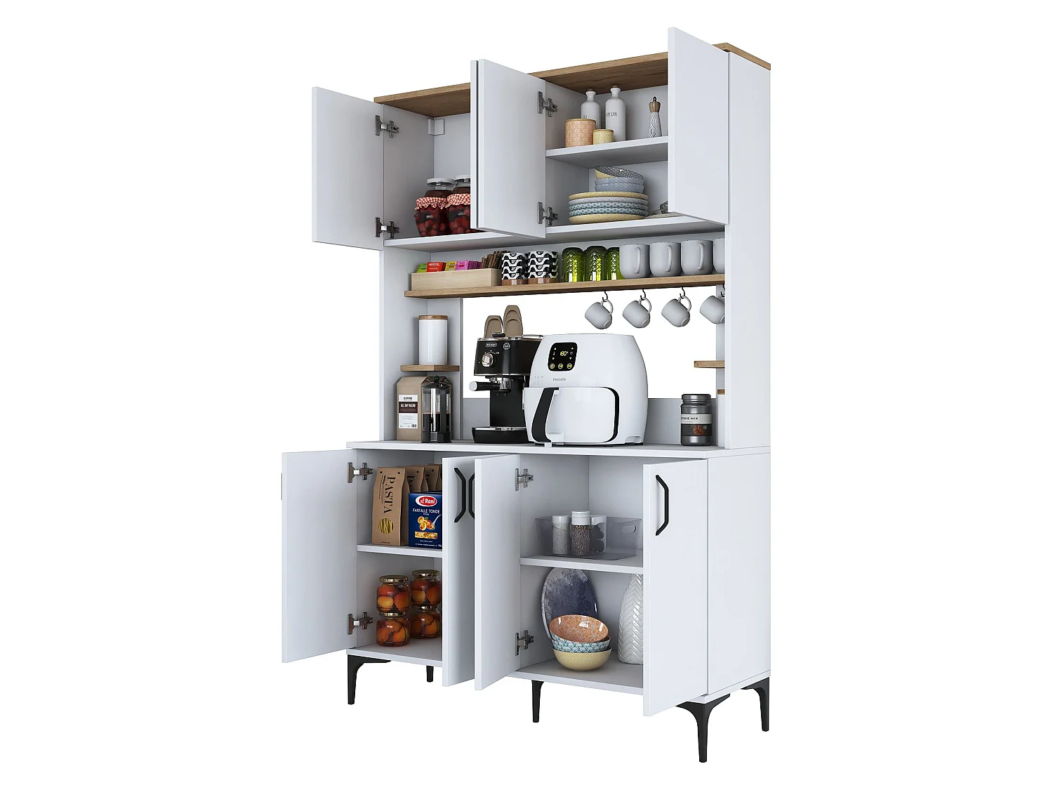 Credenza Legnaro, 4 Ripiani, 120x40x187h cm Bianco, Madia, 8 Vani, 8 Ante