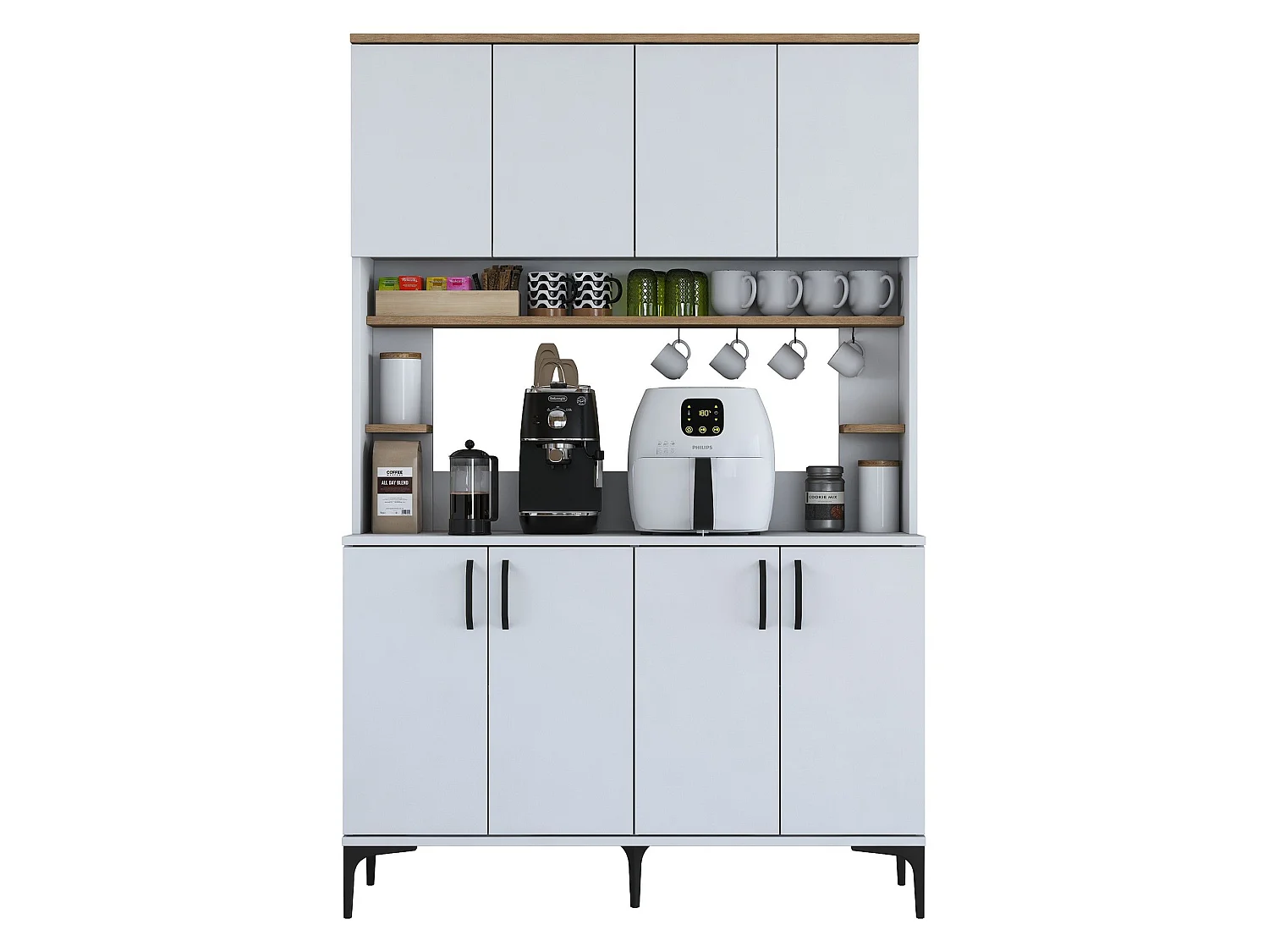 Credenza Legnaro, 4 Ripiani, 120x40x187h cm Bianco, Madia, 8 Vani, 8 Ante