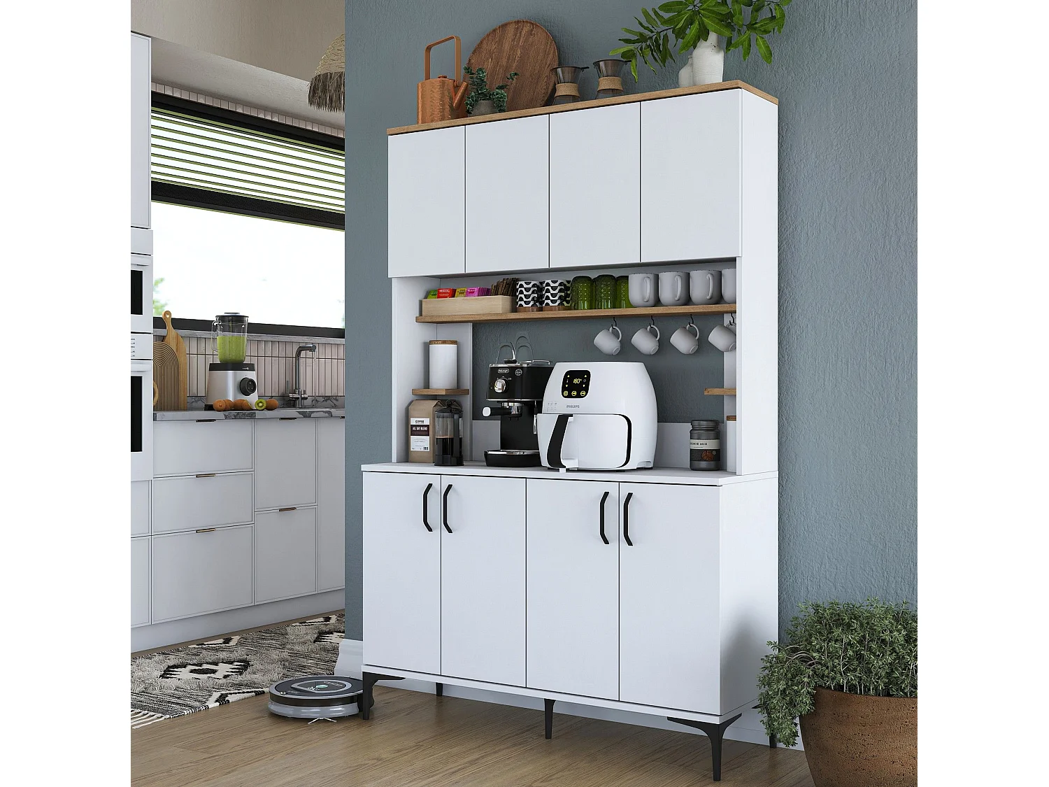 Credenza Legnaro, 4 Ripiani, 120x40x187h cm Bianco, Madia, 8 Vani, 8 Ante